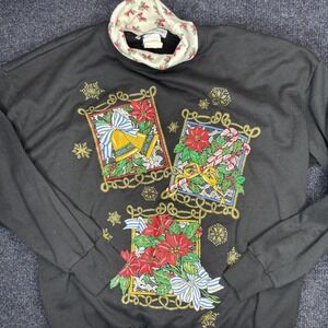 Land'n Sea Sweatshirt Womens Large Black Christmas Poinsettia Bells Turtleneck